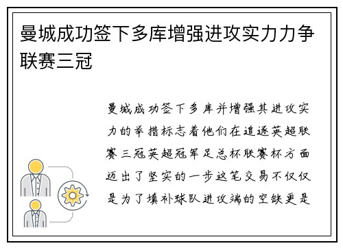 曼城成功签下多库增强进攻实力力争联赛三冠
